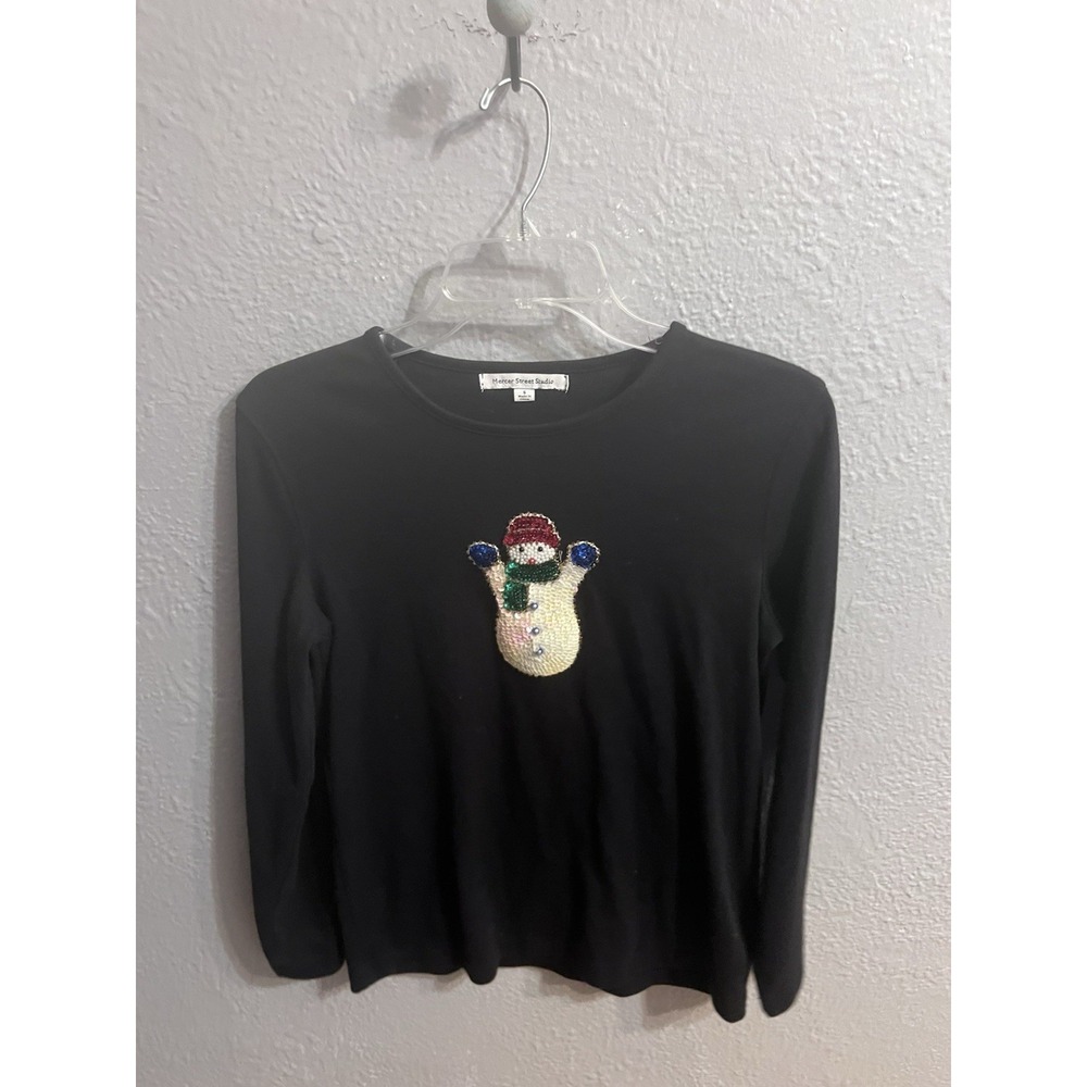 Mercer Street Studio Merry Christmas Black T Shirt‎ Size Small Snowman Women
